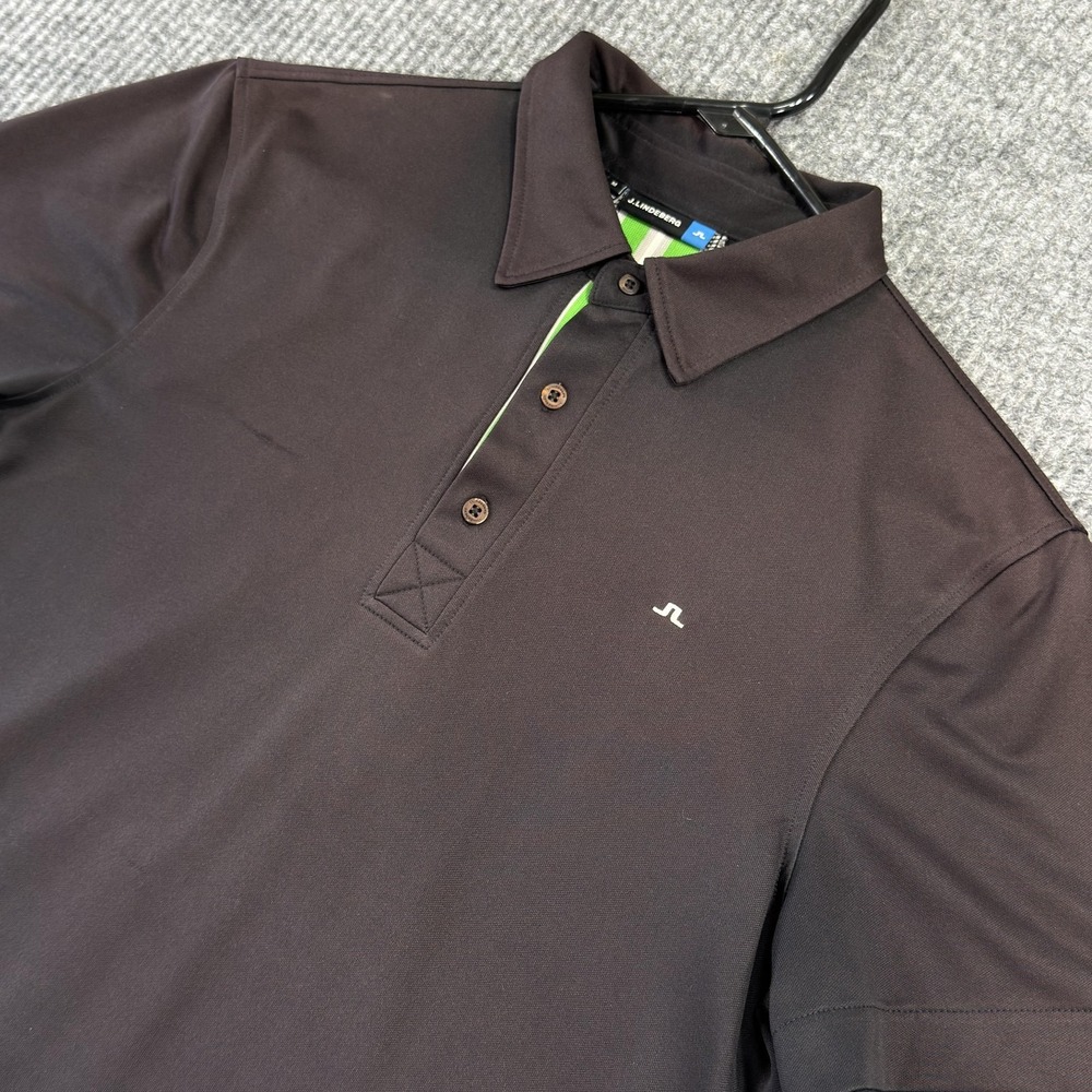 J.Lindeberg Polo Shirt Mens Medium Brown Green Stripe Back Golf Performance Top